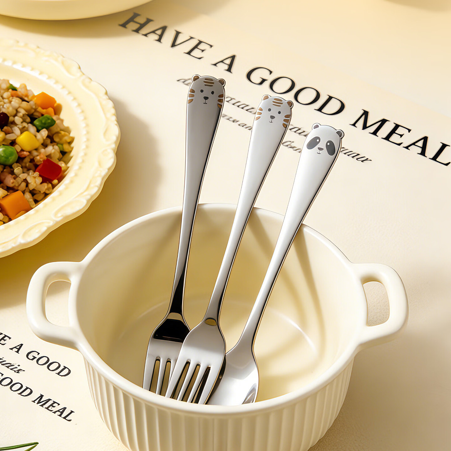 OnlyCook Food Grade 316L Stainless Steel Fork and Spoon Set for Children, Baby Feeding Spoon, Soup Spoon, Panda Design