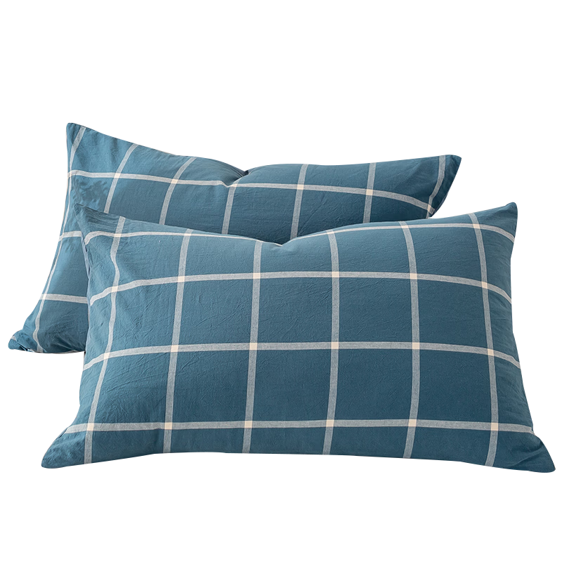 Wuyinliangpin Class A Pure Cotton Pillowcase, 100% Cotton Pillow Cover, 48x74cm Pair, Blue-Gray Large Check Patter