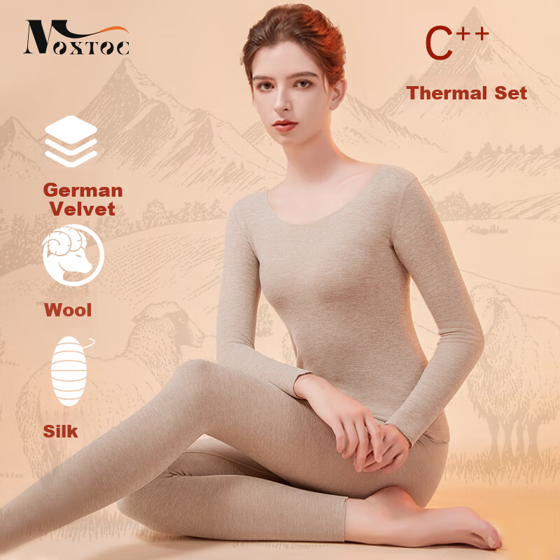 MOXTOC Premium German Velvet Thermal Underwear Set for Women Autumn Winter Soft Cotton Seamless Fleece Silk Autumn Clothes Slim Fit Base Layer