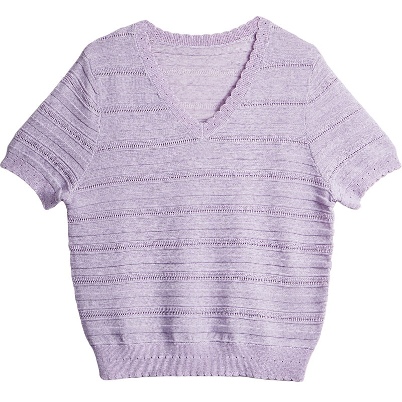 Olrain Purple V-Neck Hollow Casual Simple Short Sleeve Pullover Knit Top for Women, Size M