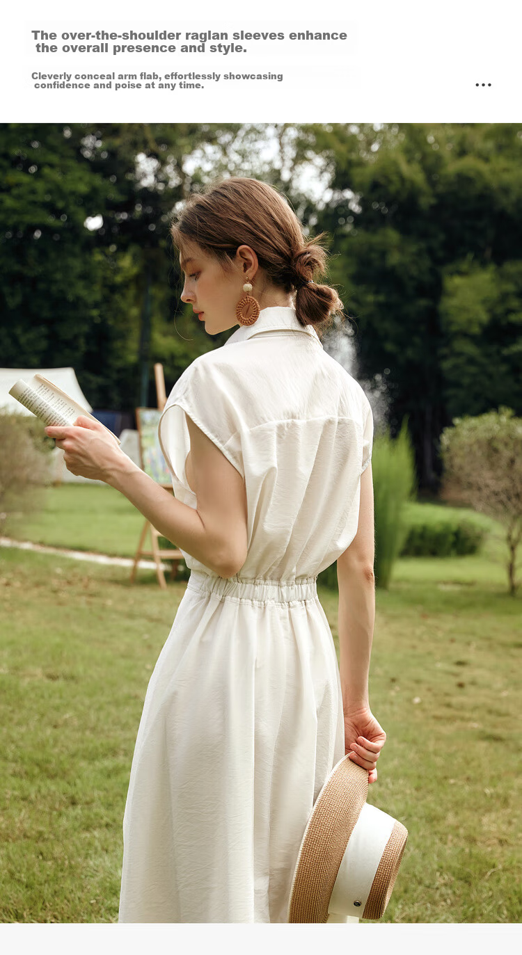 Olrain Eurielle Vintage Shirt-Style Raglan Sleeve Waist-Cinched Dress with Flared Skirt Women Beige L 7