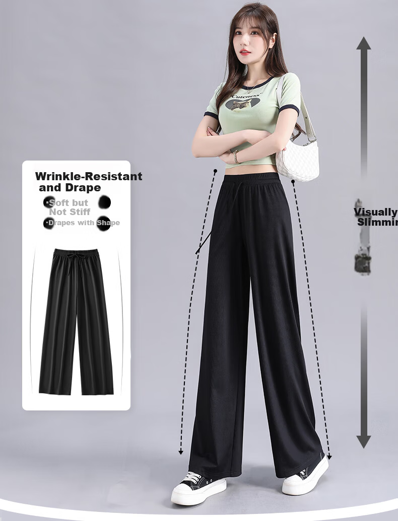 Jeanswest Women's Casual Spring Summer Wide-Leg Pants High-Waist Slim Loose Straight-Leg Black L 7