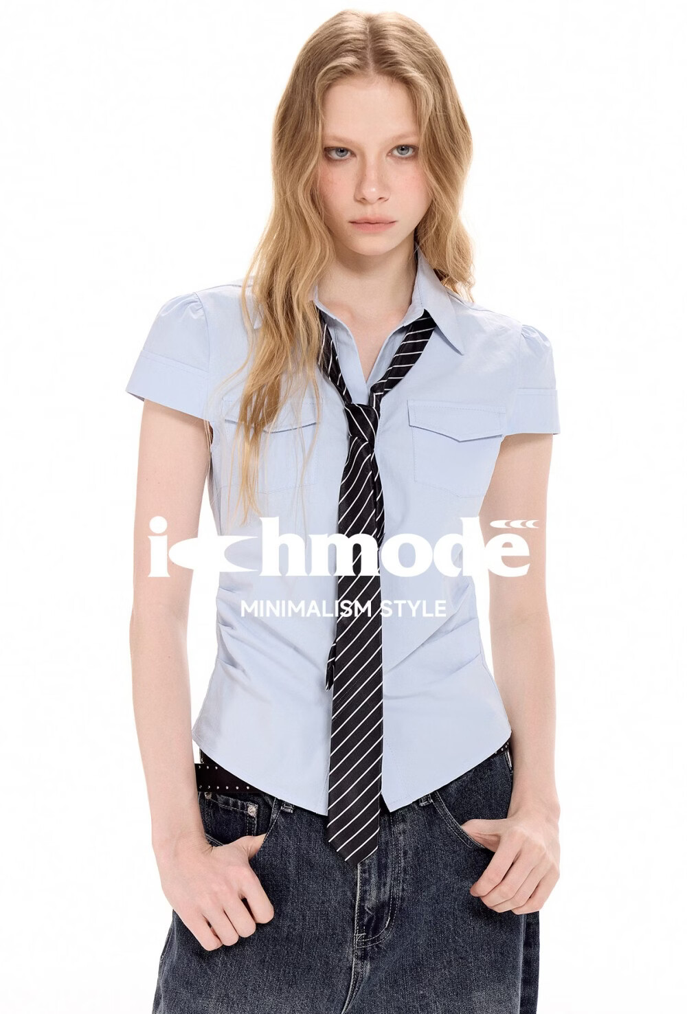 ICH MODE Pleated Waist-Tie Short Sleeve Shirt Women Summer New Slim Fit Pocket Blouse Waist-Cinching Shirt Jacket Blue S 1