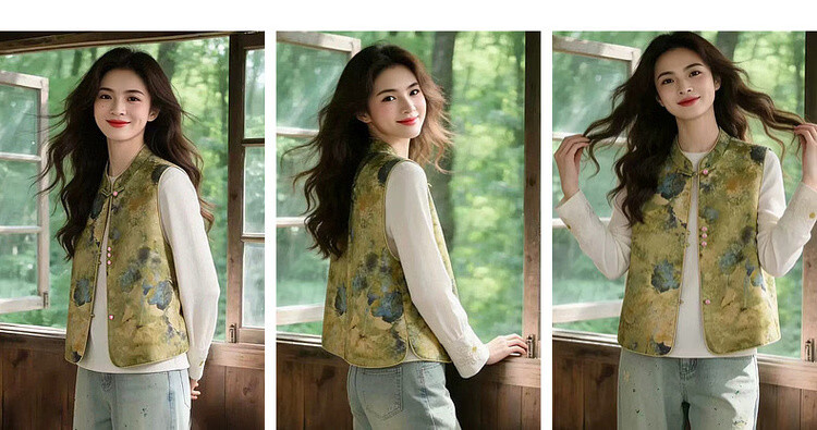 Demana [Sulaicha Color] Spring National Style New Chinese Gradient Print Stand Collar Frog Button Sleeveless Vest Jacket Women Short 6