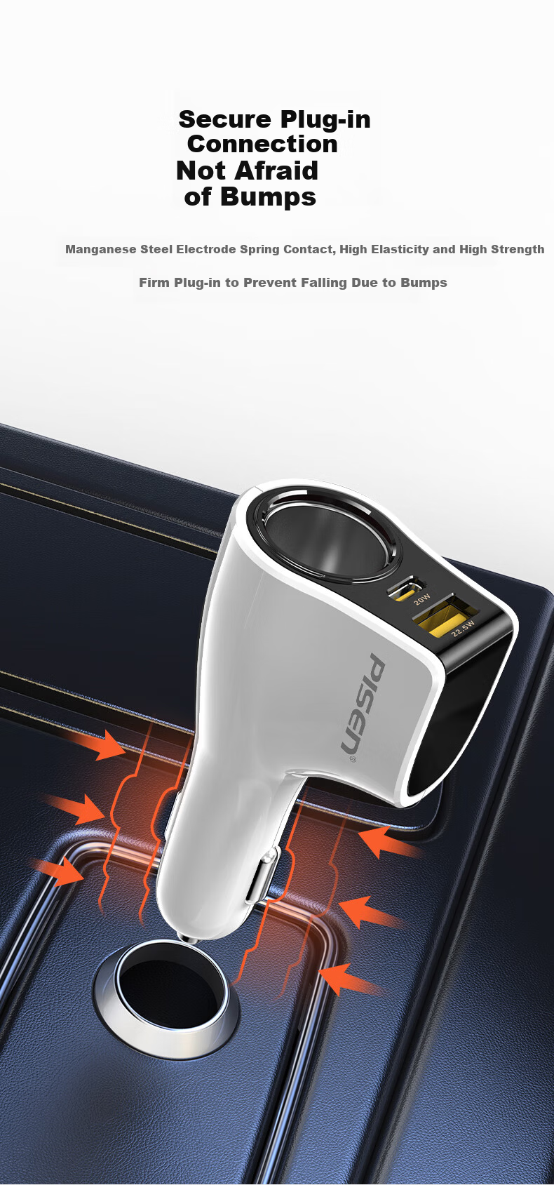 PISEN 65W Car Charger Dual-Port Fast Charging Cigarette Lighter Adapter for Apple 17, Huawei, Xiaomi, Dash Cam, Multi-Function Car Charger 8