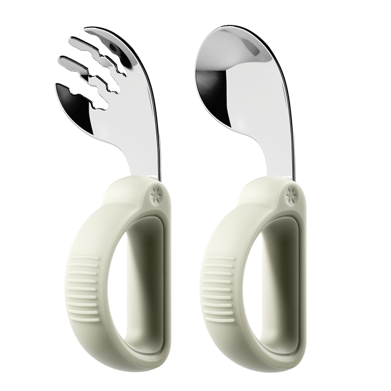 Albo Children's Spoon, Baby Feeding Utensils, Stainless Steel Fork And Spoon Set, Infant Silicone Short Handle Training Spoon for Complementary Food