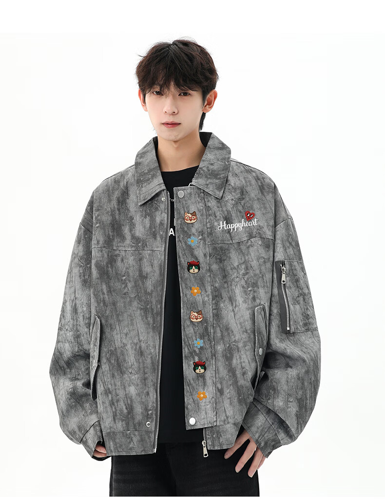 Charles Heart American Street Tie-Dye Lapel Jacket Men Spring Autumn Loose Fit Couple Dark Gray XL 13