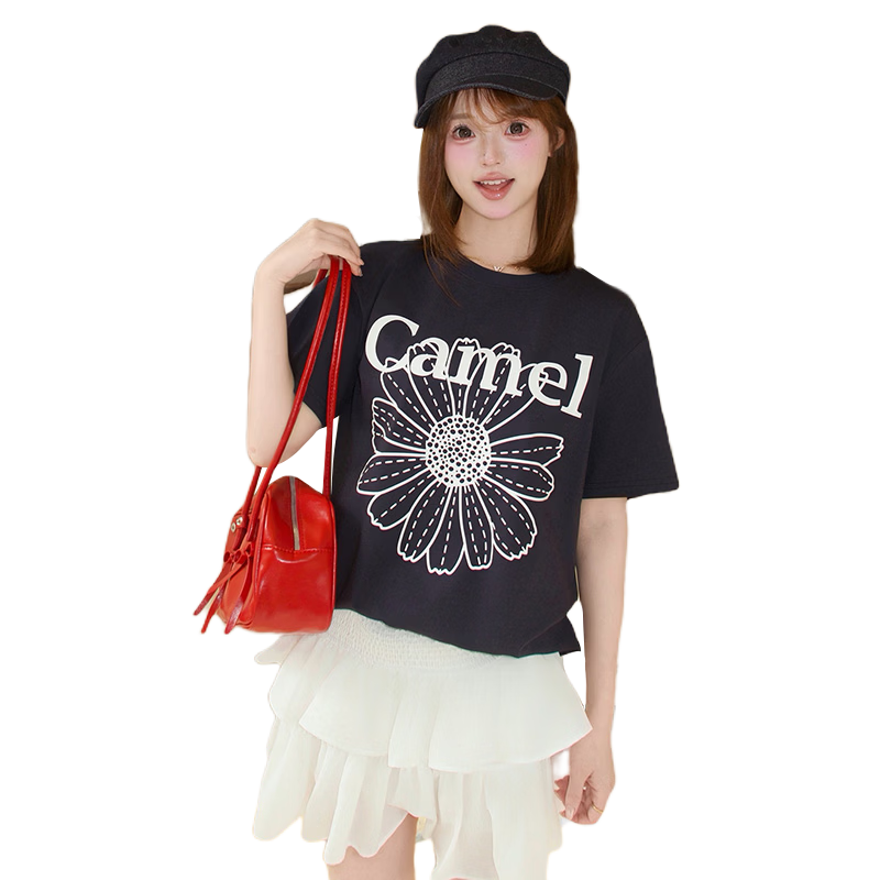 CAMEL Ice Skin T-Shirt Little Daisy Short Sleeve Cotton Loose Casual Top C36BAXLN023C Night Blue XS