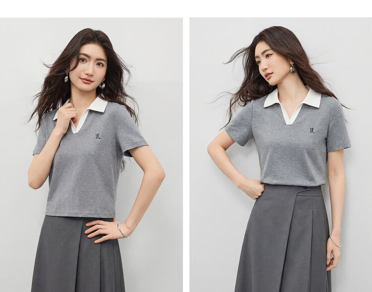 Shangdu Bila Korean Style Simple Cotton Blend T-Shirt Women Summer Polo Collar Color-Block Embroidered Casual Top Stretch Striped Short Sleeve Inner Wear 14
