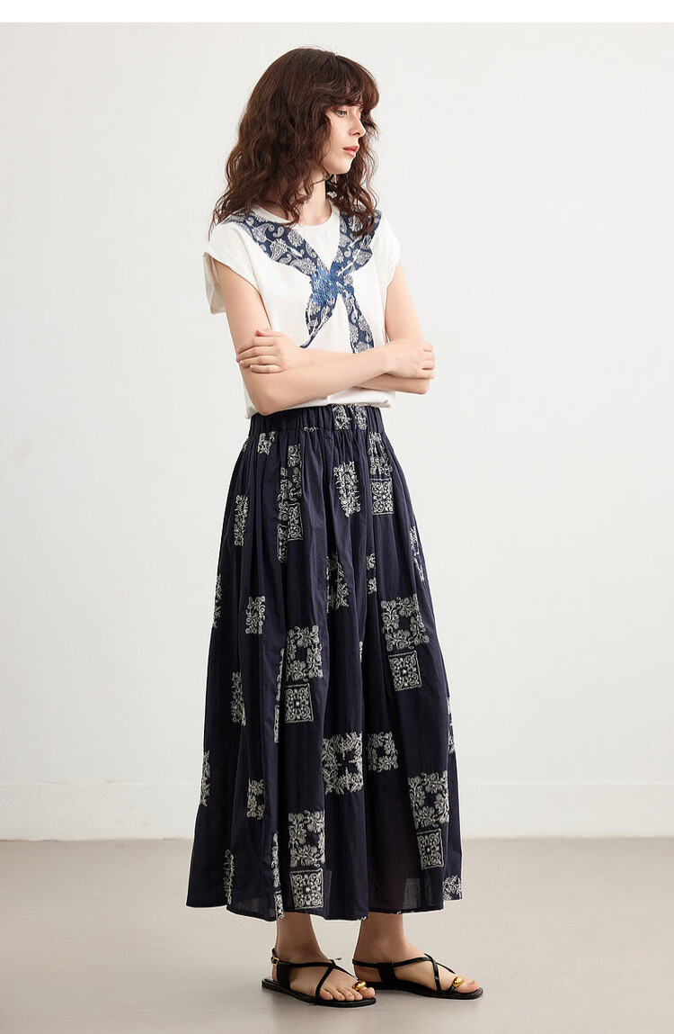 Demana Pure Cotton Poetry Summer Vintage Color-Block Embroidered Elastic Waist Slimming Mid-Length Skirt for Women 17