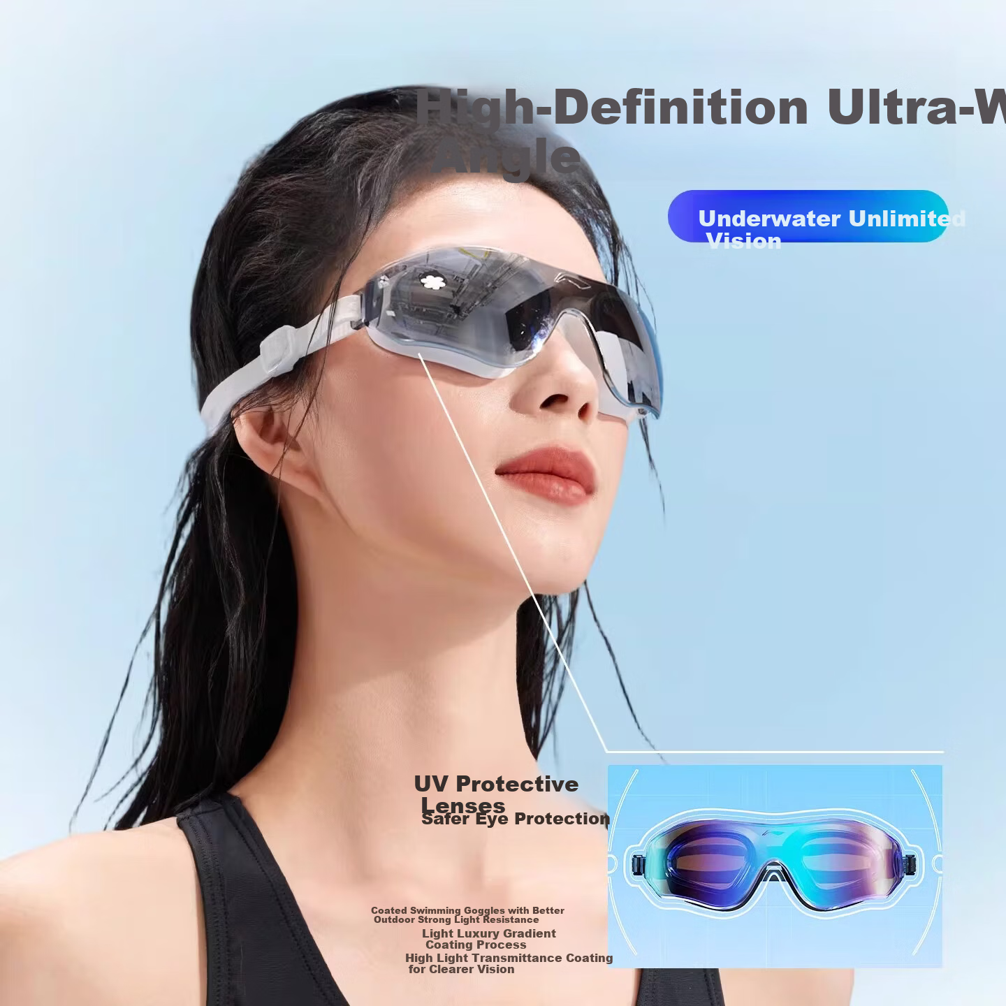 LI-NING Swimming Goggles HD Anti-Fog Waterproof Training Professional Mid-Frame Coated Swim Glasses for Men and Women