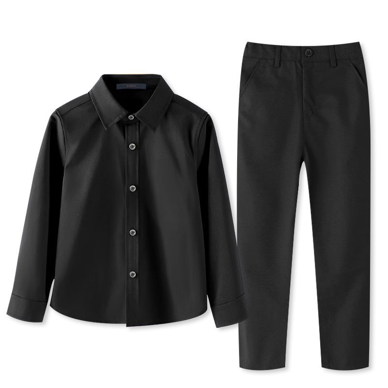 Romon Kids Shirt and Black Pants Boys Performance Outfit Spring Summer Long Sleeve White Shirt and Trousers Two-Piece Set Black 130