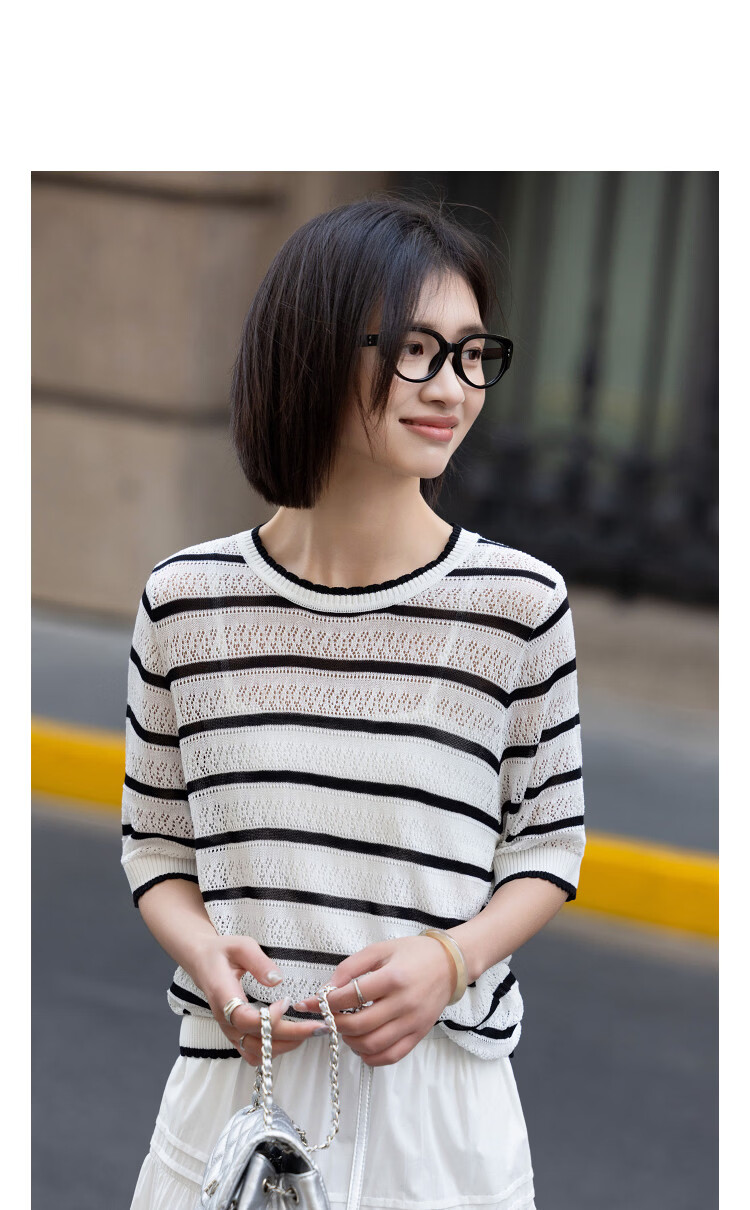 Demana Black Technology Antibacterial Summer Lightweight Striped Colorblock Jacquard Wave Edge Slimming Concealing Knit Sweater for Women Premium 11