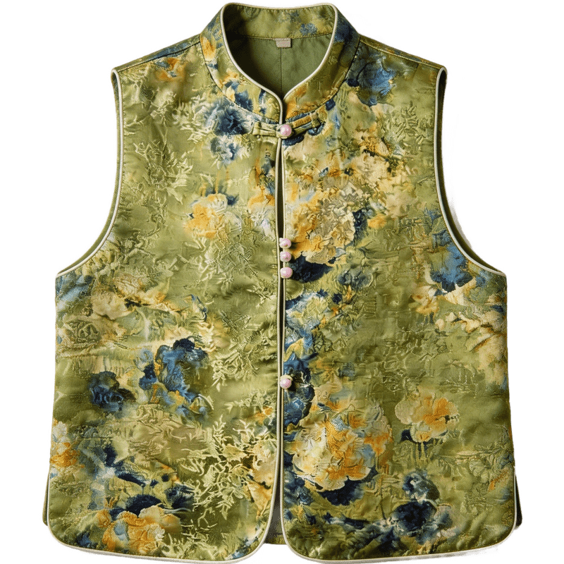 Demana [Sulaicha Color] Spring National Style New Chinese Gradient Print Stand Collar Frog Button Sleeveless Vest Jacket Women Short