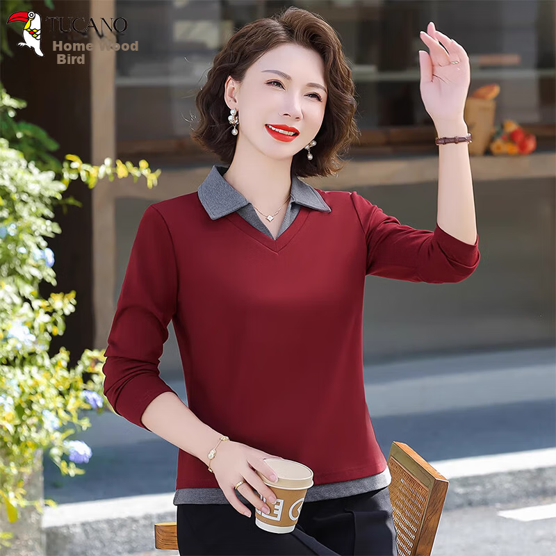Woodpecker Women's Autumn Polo Shirt with Lapel Long Sleeve, Fake Two-Piece, Plus Size, Maroon, M