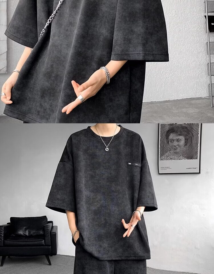 Wassup Sohot American High Street Short Sleeve T-Shirt Set Men Summer Tie-Dye Short Sleeve Shorts Sports Two-Piece Set Gray 5XL 13
