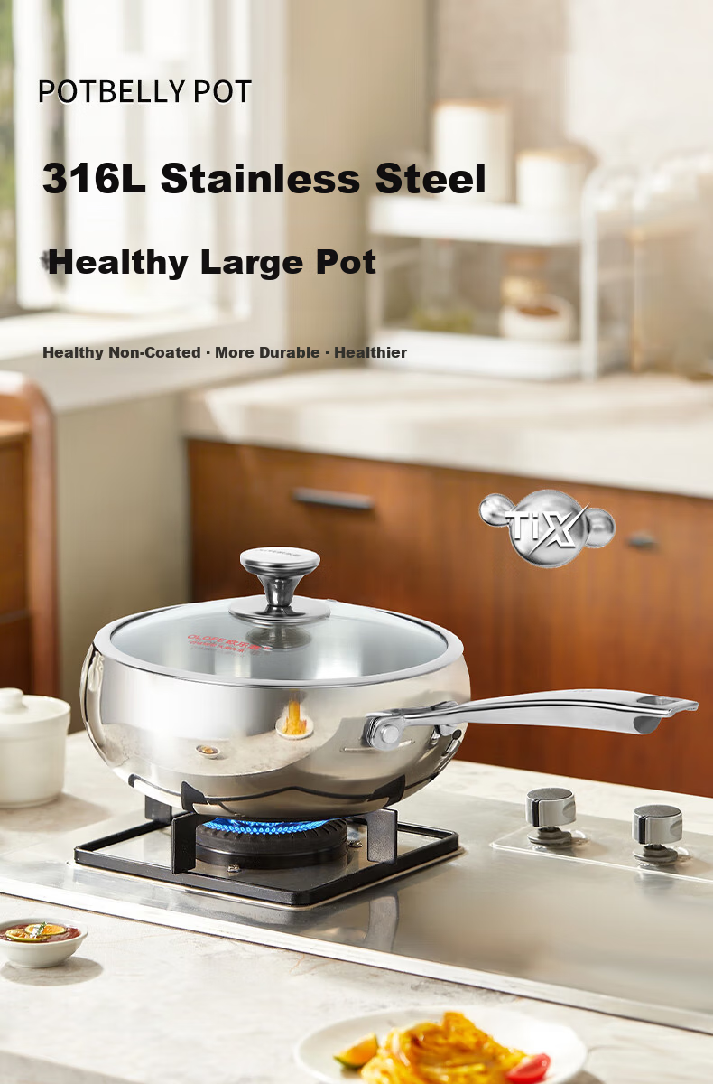 OLOFE 316L Stainless Steel Thickened Large Belly Wok Old Guandong Seventh Generation Mirror Finish No Coating Hammered Small Stir-Fry Pan 24cm 1