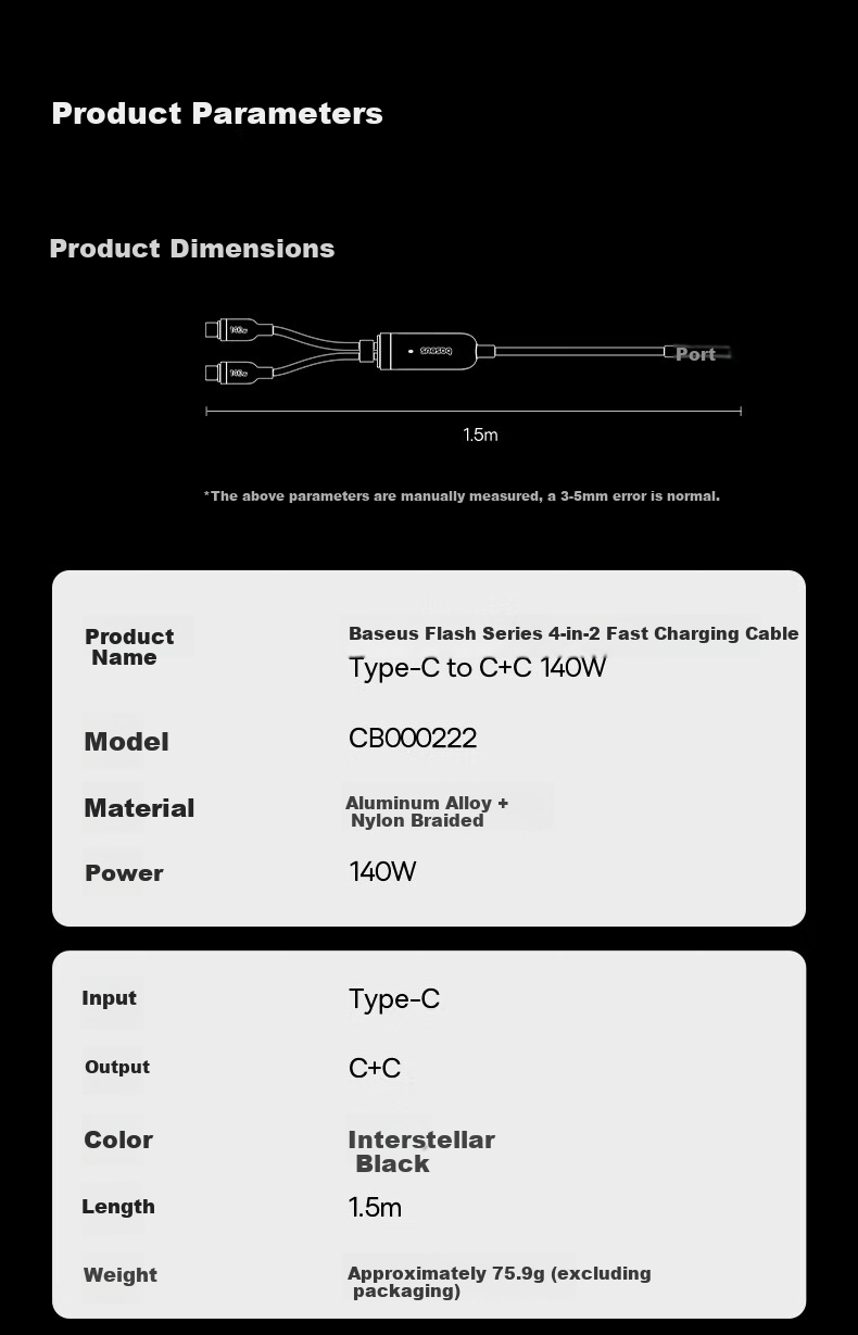 Baseus 2-in-1 Dual Head Type-C PD 140W Fast Charging Cable C to 2C Charging Cable for Apple iPhone 17/16/15 Huawei Tablet iPad Laptop 15