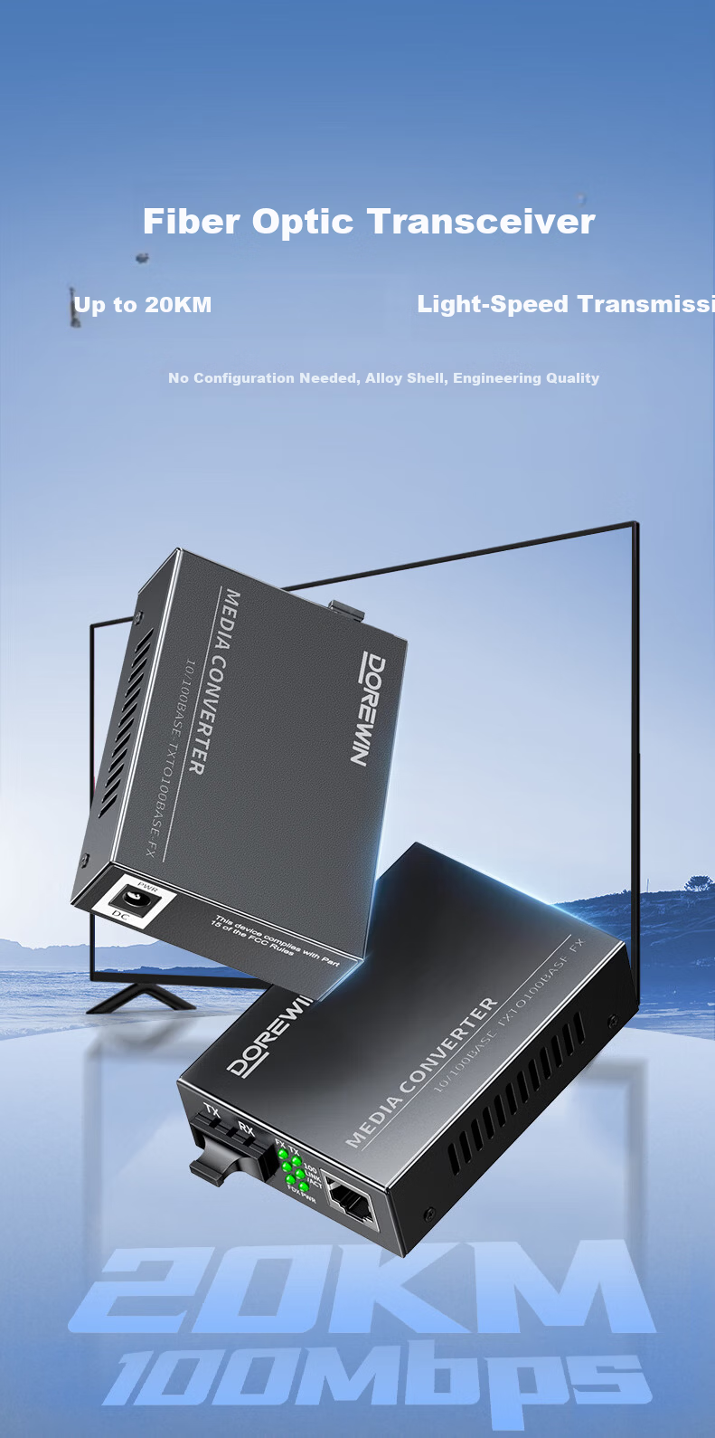DOREWIN 100Mbps Single-Mode Dual-Fiber Optical Transceiver Lightning Surge Protected Fiber to Ethernet Converter Network Monitoring SC Interface 20KM Single Unit 1
