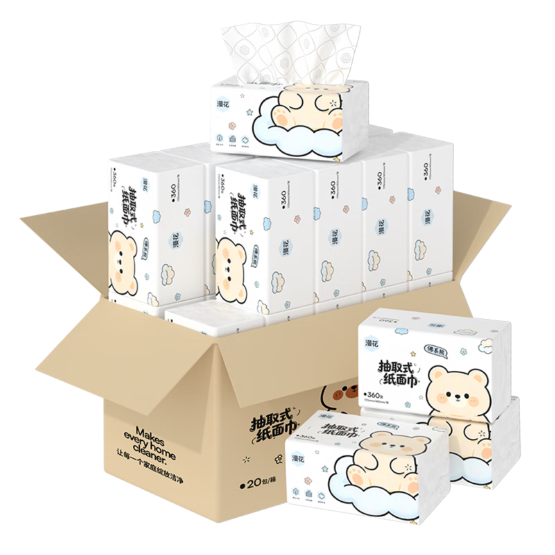 Manhua Zen Bear 5-Ply Tissue Paper 360 Sheets * 20 Packs Bulk Napkins Household Paper Tissues Economical Pack Toilet Paper