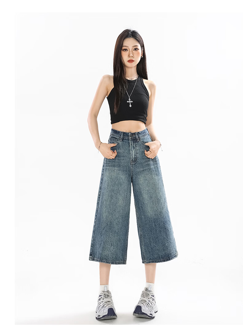 Jeanswest Women's Summer 2026 High-Waist Loose Fit Retro Blue Wide-Leg Cropped Denim Shorts S 11