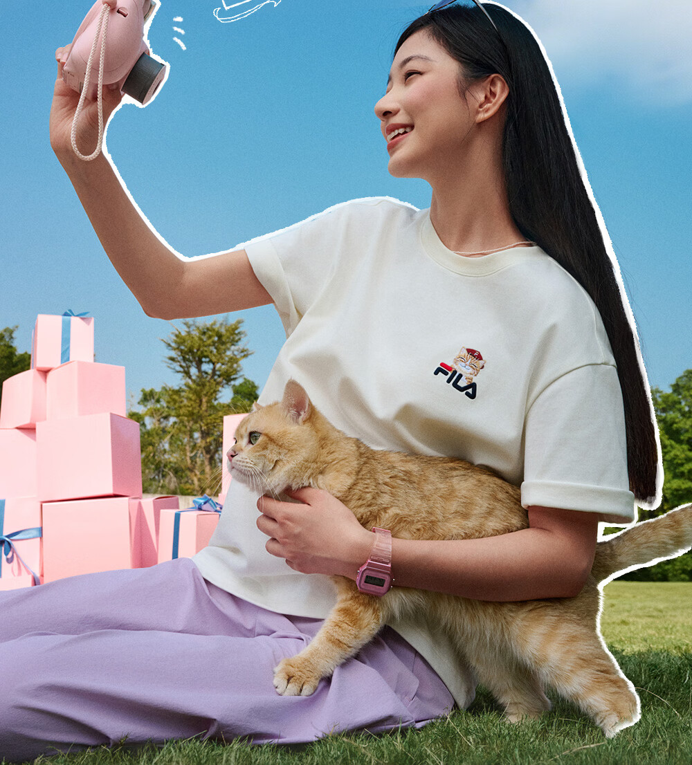 FILA Official 2026 Summer Couple Short Sleeve T-Shirt Casual Loose Fit Cotton Cat Knit Tee 10
