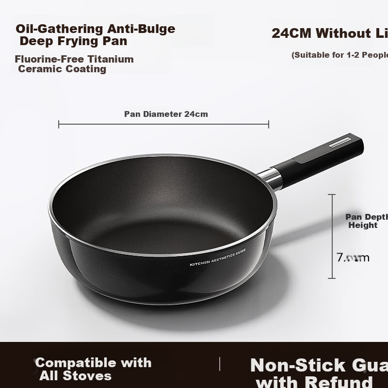 Royalstar Titanium Non-Coated Non-Stick Frying Pan 24cm Deep Skillet for Steak Compatible with Induction Cooker and Gas Stove Without Lid