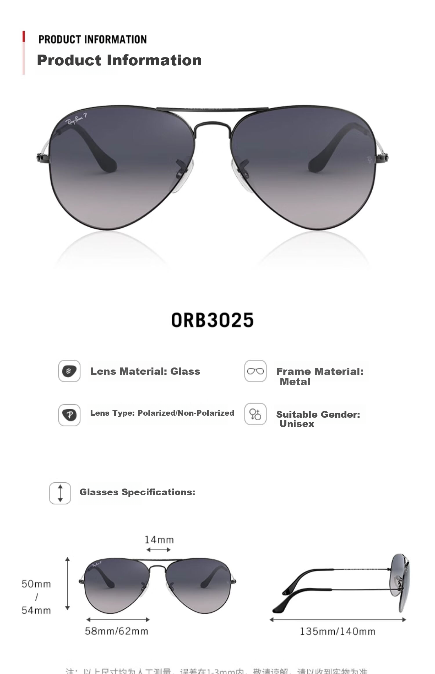 Ray-Ban Classic Aviator Series Sunglasses Driving Cycling Outdoor Glasses Unisex 0RB3025 Gift 5
