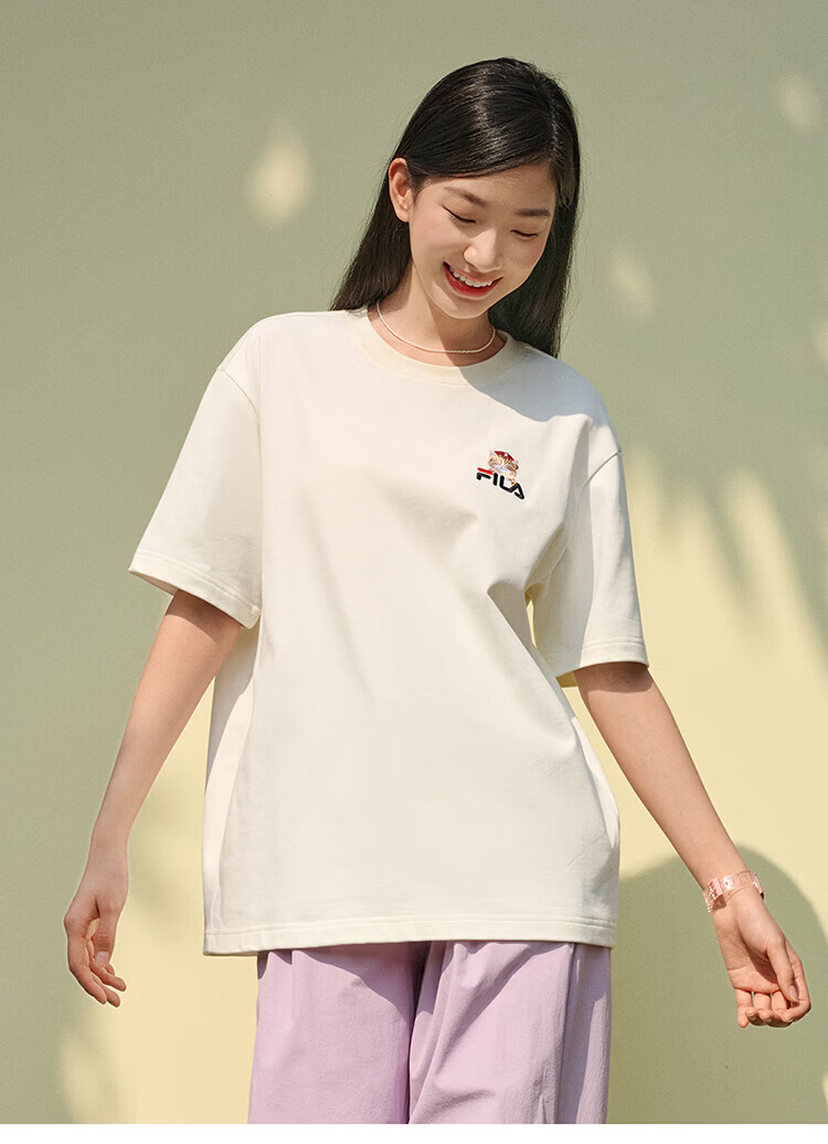 FILA Official 2026 Summer Couple Short Sleeve T-Shirt Casual Loose Fit Cotton Cat Knit Tee 52