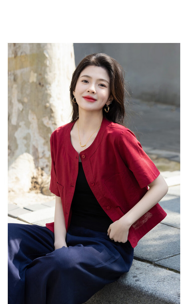 Demana [with Flax Cloud Oxygen Cotton] Summer Vintage Commuter Round Neck Short Sleeve Petite Slim Cropped Women's Jacket 8