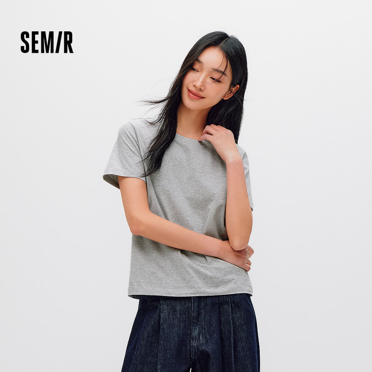 Semir Mall Same Style | Women's Summer Short Sleeve T-Shirt Solid Color Crew Neck Regular Shoulder Top 2026 Versatile Shirt 101926100001