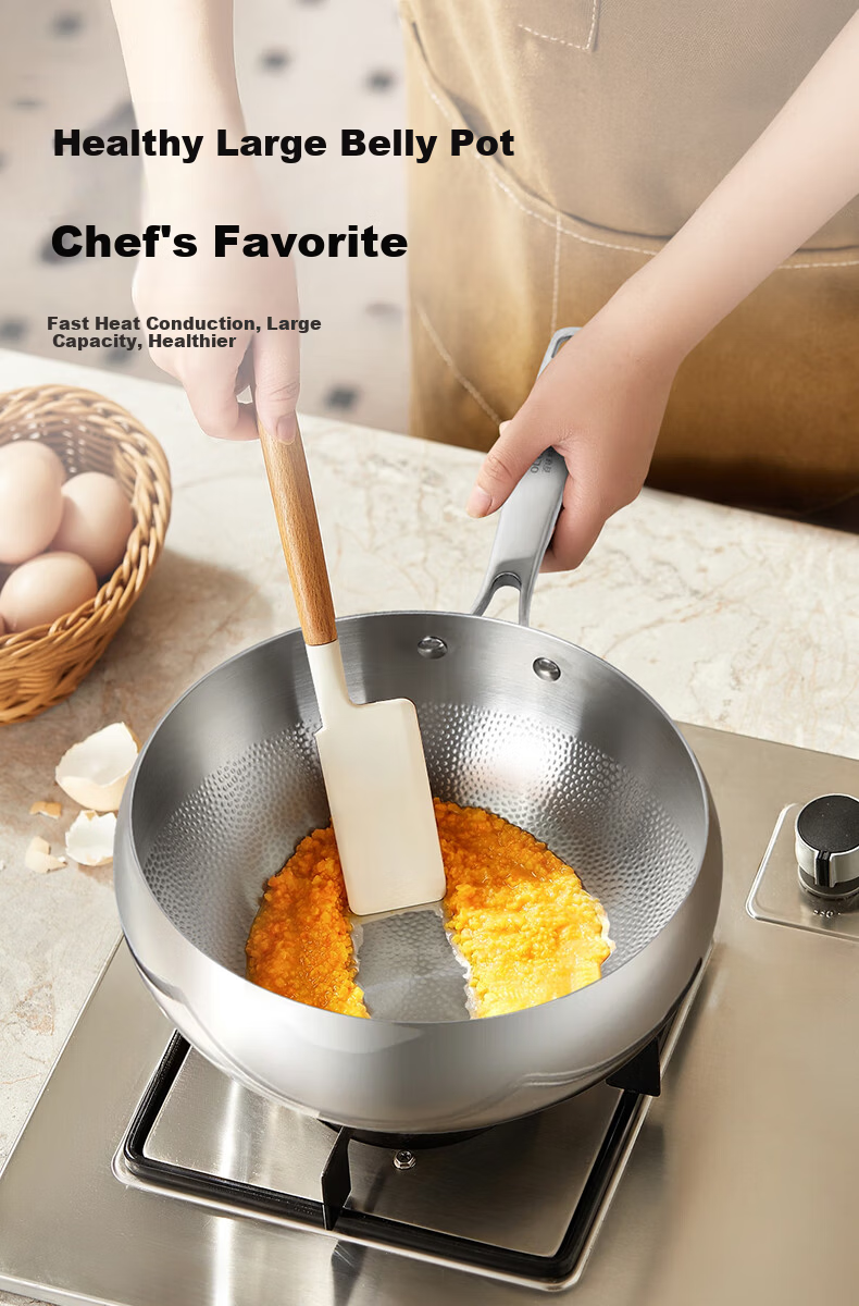 OLOFE 316L Stainless Steel Thickened Large Belly Wok Old Guandong Seventh Generation Mirror Finish No Coating Hammered Small Stir-Fry Pan 24cm 12