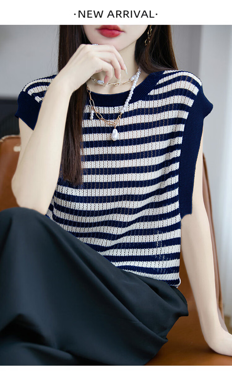 Tingmei Summer Lightweight Ice Silk Knit Vest Women Loose Korean Slim Fit Versatile Sleeveless Striped Fashion Top Innerwear 1