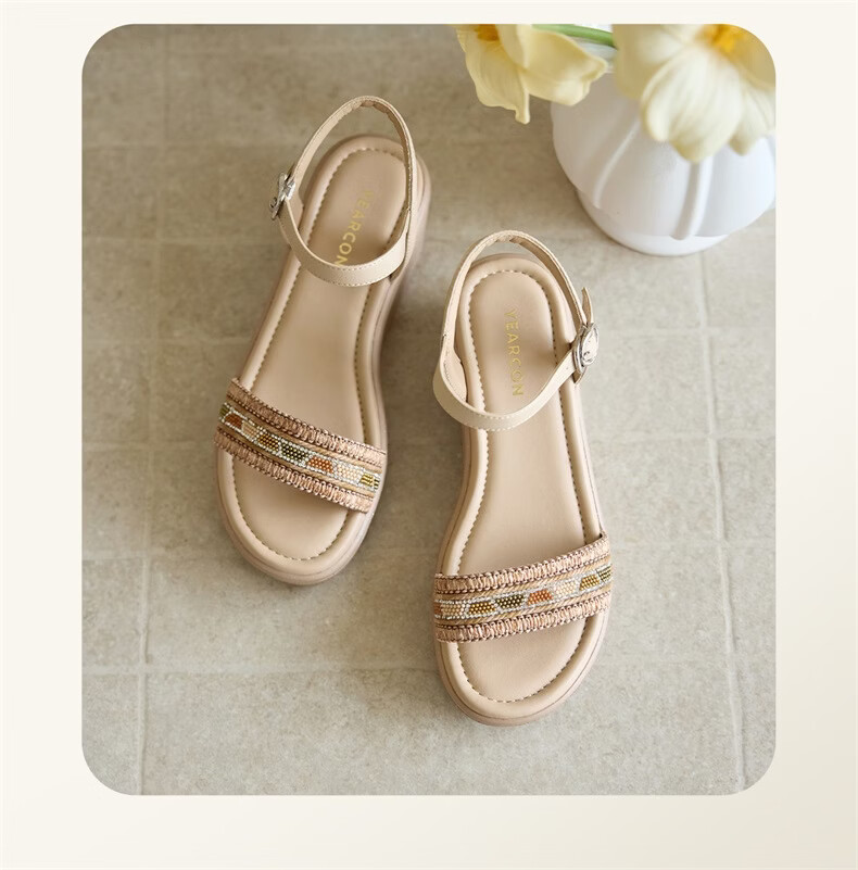 Eierkang Women's Bohemian Style Wedge Sandals Thick Sole Height Increasing Single Strap Sandals 29009W Off-White Size 37 3