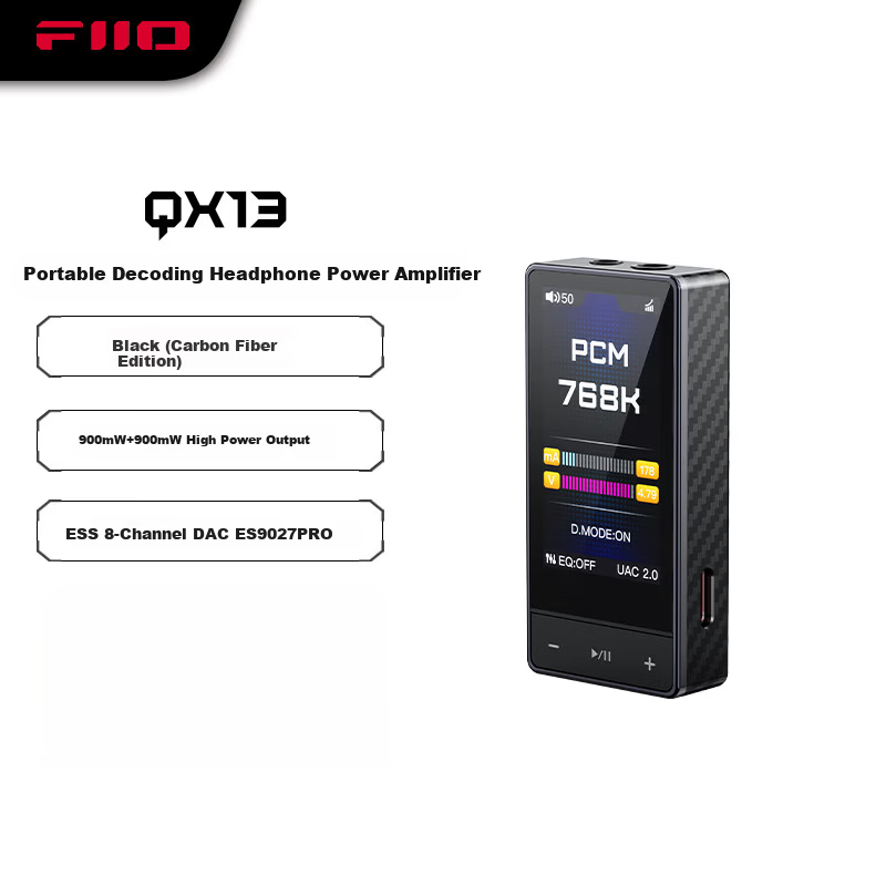 FiiO QX13 Portable HiFi Android Apple DSD Hardware Decoding Mobile Tablet Headphone Amplifier Sound Card Black (Carbon Fiber Edition)