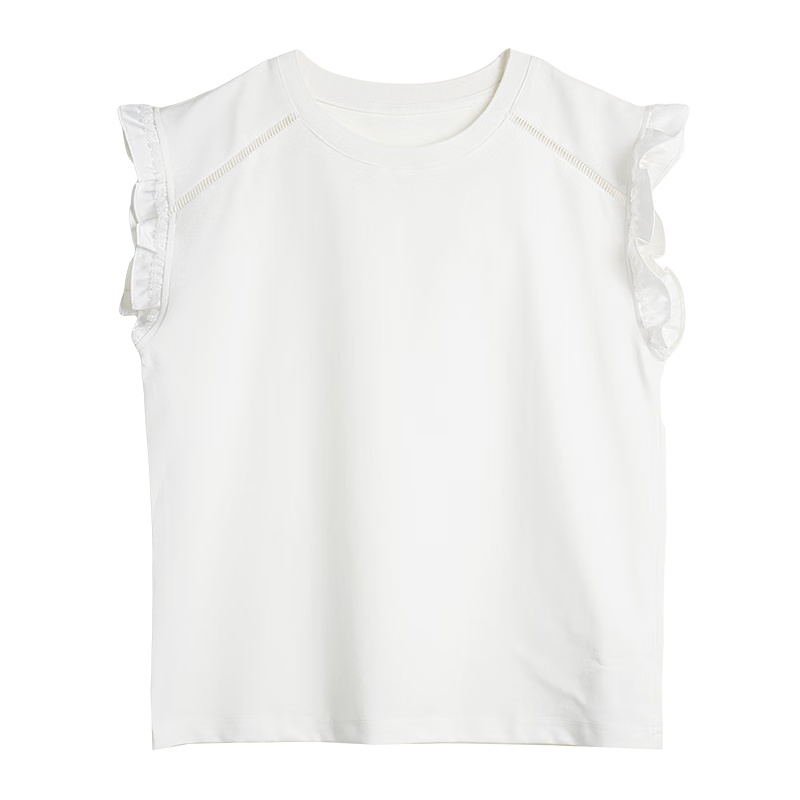 Olrain French Style Ruffled Sleeve Summer Casual Commuter Pullover T-Shirt for Women White L