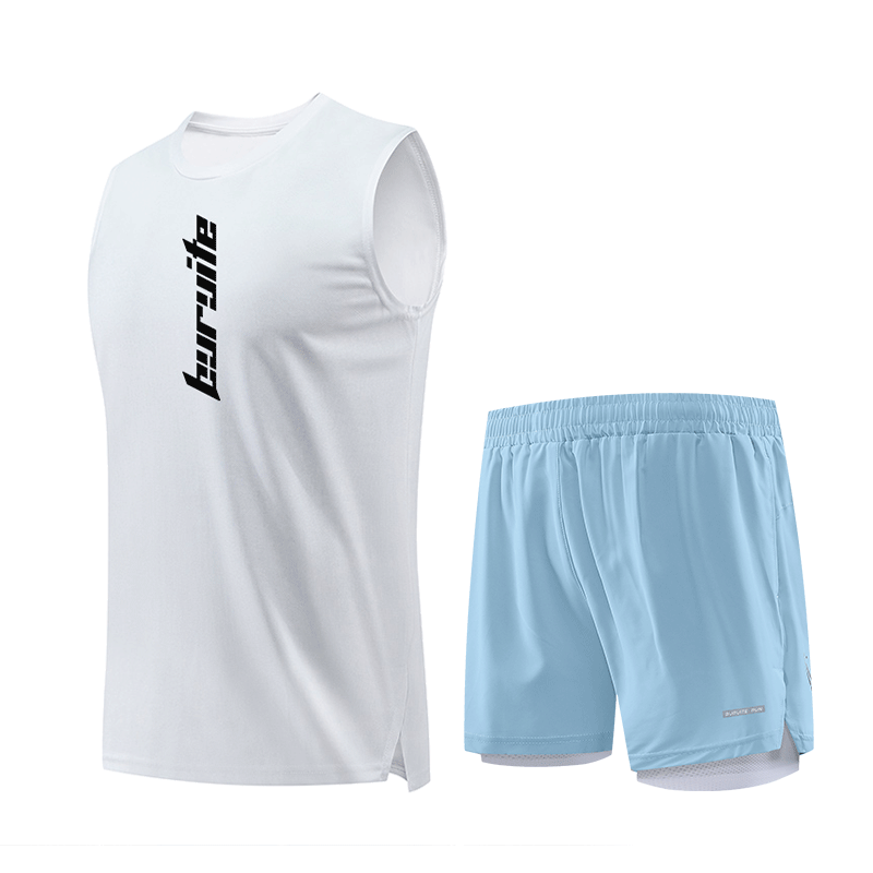 BURUITE Men's Running Sports Set Ice Silk Vest T-Shirt Quick-Dry Loose Marathon Track and Field Training Fitness Shorts