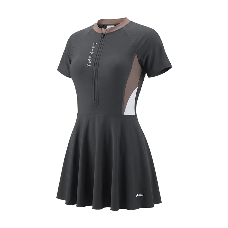 LI-NING Women's Premium 2026 New One-Piece Skirted Swimsuit Slim Fit Swimwear 1411 Gray XL