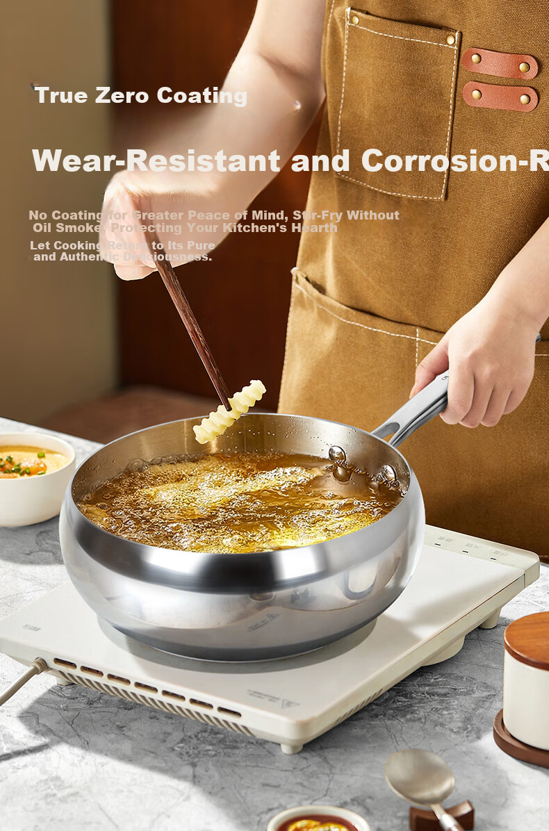 OLOFE 316L Stainless Steel Thickened Large Belly Wok Old Guandong Seventh Generation Mirror Finish No Coating Hammered Small Stir-Fry Pan 24cm 9