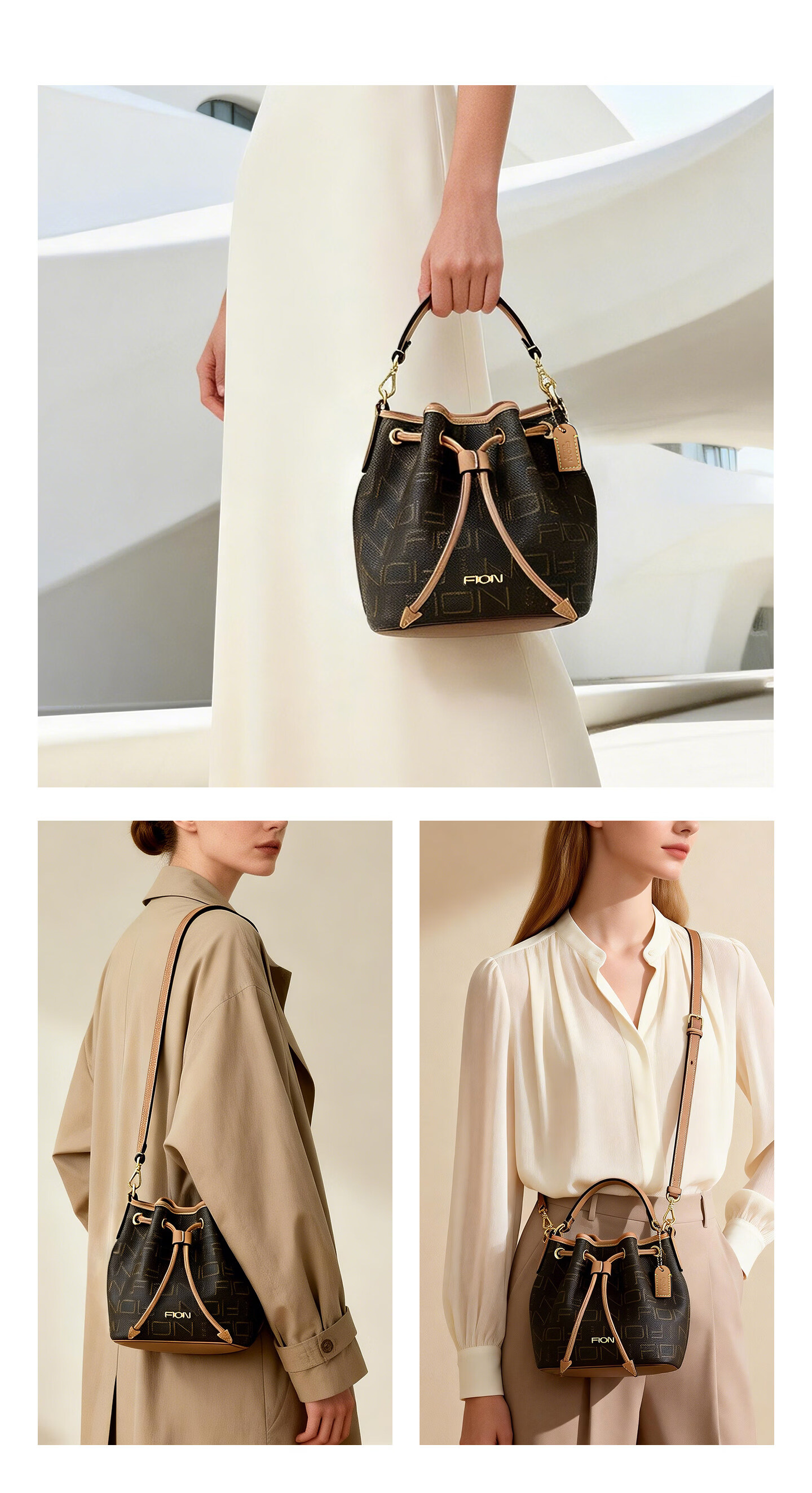 FION New Women's Bucket Bag Classic Monogram Drawstring Shoulder Crossbody Bag Birthday Gift 4
