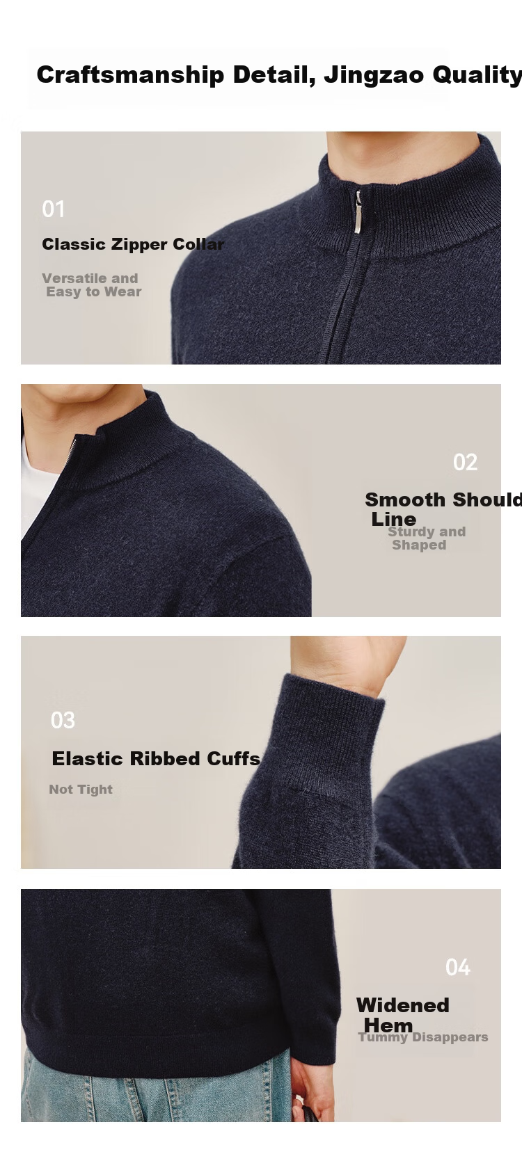 JD Jingzao 100% Cashmere Sweater Men's Wool Pullover Winter High-End Cashmere Knitwear Half-Zip Green 3XL 12