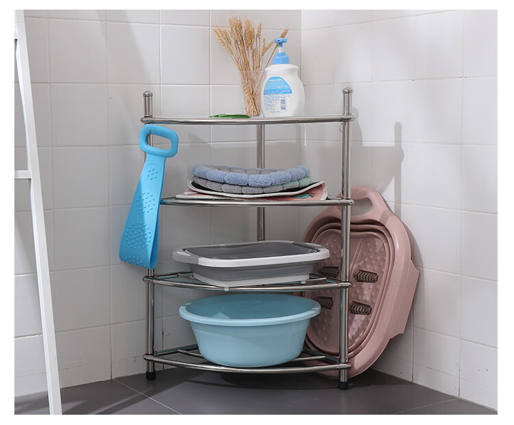 Ouranzhe Stainless Steel 4-Tier Bathroom Basin Rack Floor Storage Shelf Corner Storage Organizer 10