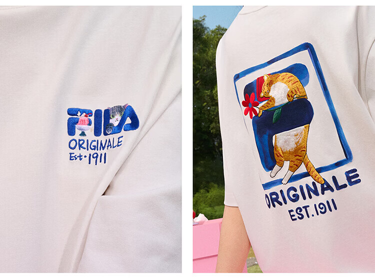 FILA Official Couple's Knitted Short Sleeve Shirt 2026 Summer Fashion Casual Unisex Loose Cat Embroidery T-Shirt 53