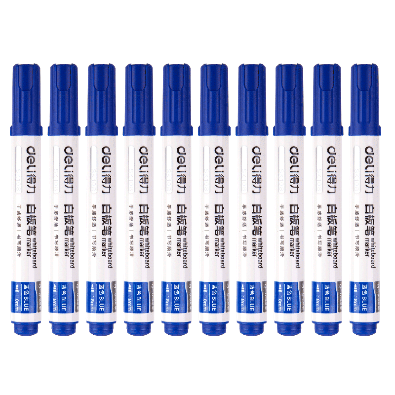 Deli Erasable Whiteboard Marker Set Single-Tip Smooth Writing Easy to Erase Non-Bleeding for Office Teaching Meetings Blue 10 Pieces SK108