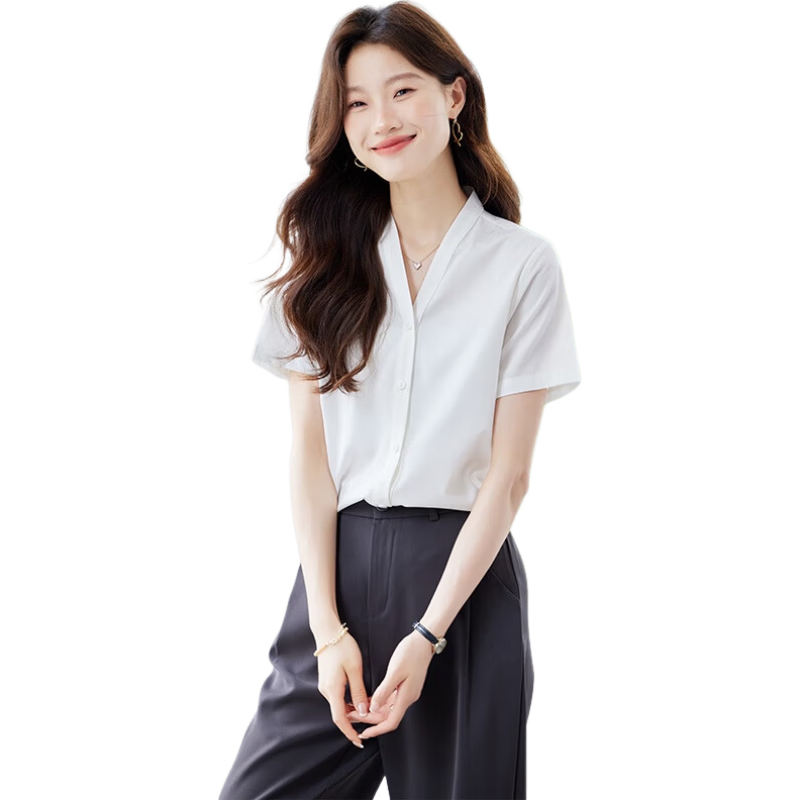 Jeanswest Women's Short Sleeve Shirt Summer Professional Slim Fit Elegant Collarless White S