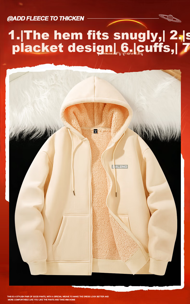 Baleno Men's Winter 2025 Fleece-Lined Thickened Lamb Wool Hoodie Jacket Warm Zip-Up Sweatshirt 2