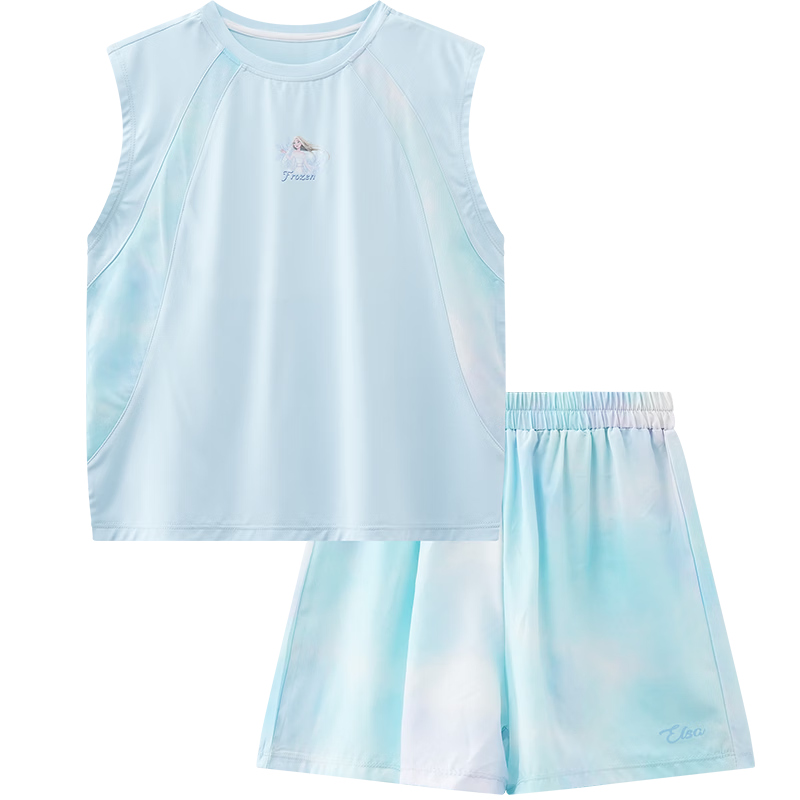 Disney Girls' Gradient Sports Set Summer Sleeveless Vest and Shorts Two-Piece Outfit Frozen Blue 140