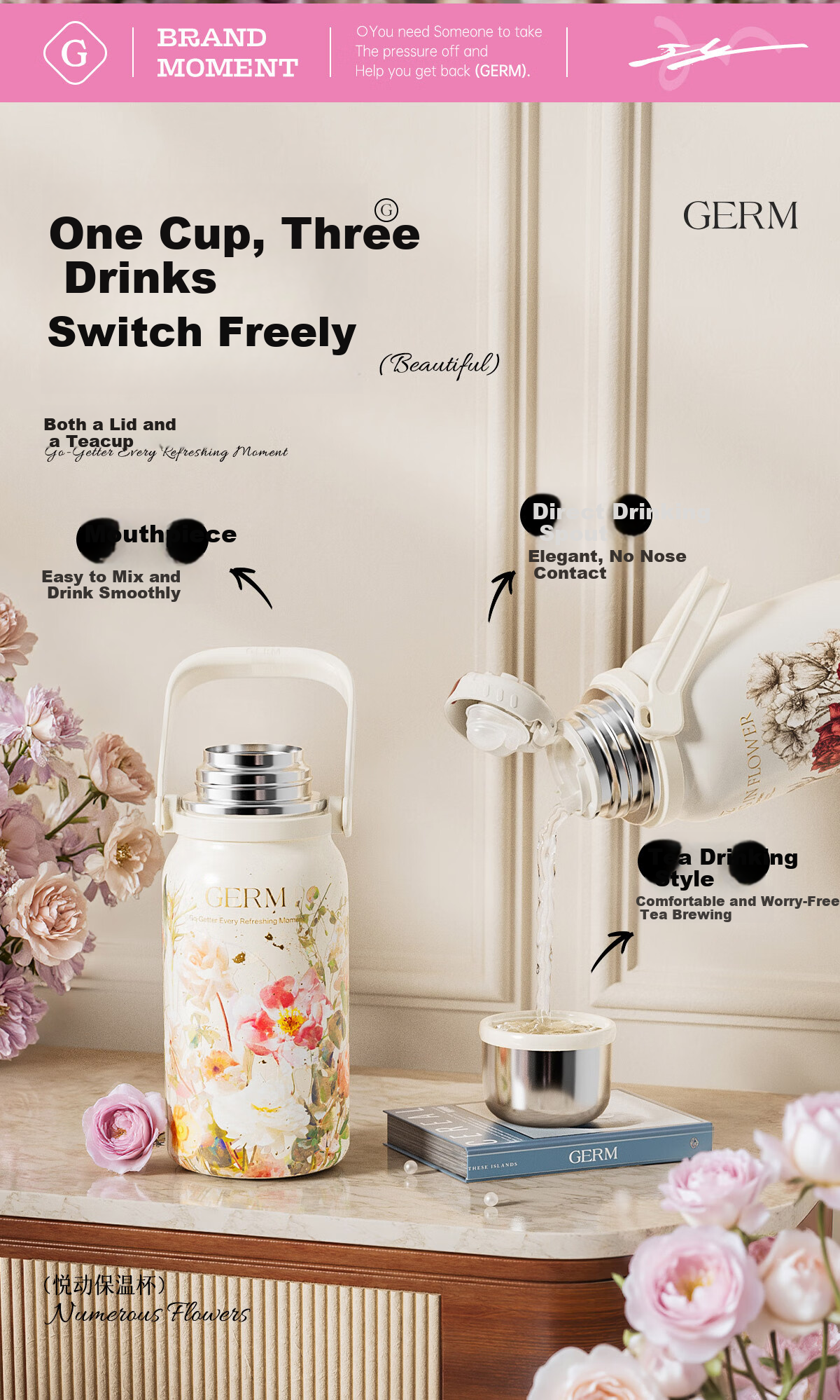 Germ Intangible Cultural Heritage Su Embroidery Insulated Water Bottle Large Capacity Sports Water Bottle Portable Women's Student Cup 800ML Magnolia 6