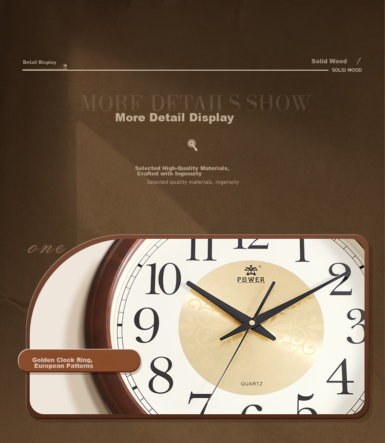 POWER Bawang Solid Wood Wall Clock Living Room 2024 New Large Size Simple Quartz Clock Office 40cm 16