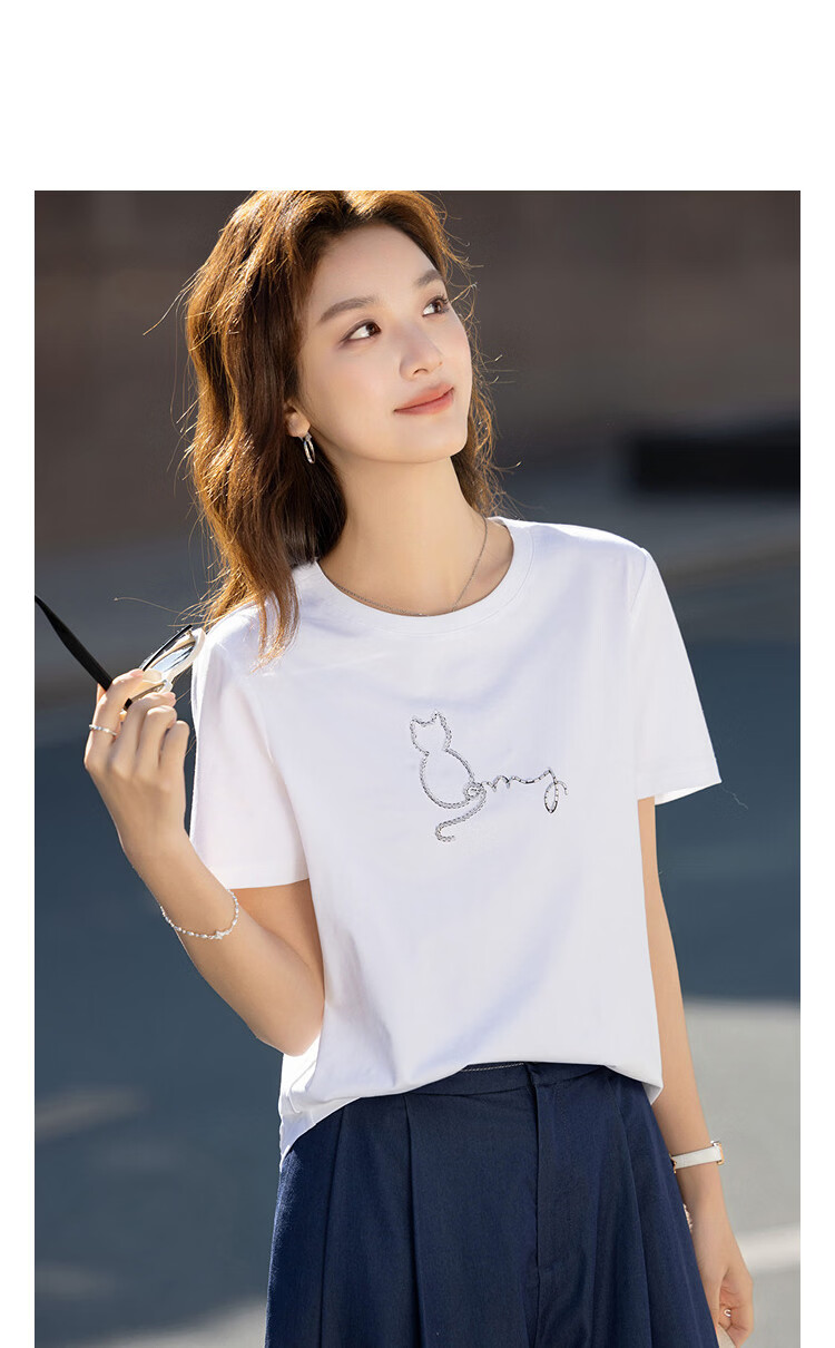 Demana [Comfort & Ease] Summer Simple Handmade Beaded Skin-friendly Cotton Spandex Slimming Short Sleeve T-shirt for Women High-end Feel 10